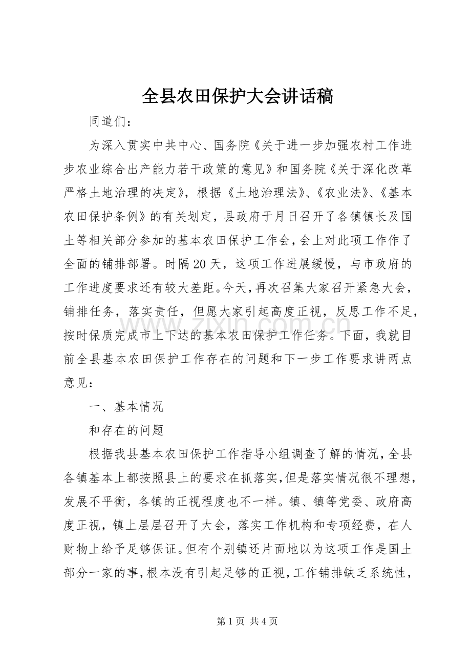 全县农田保护大会讲话发言稿.docx_第1页