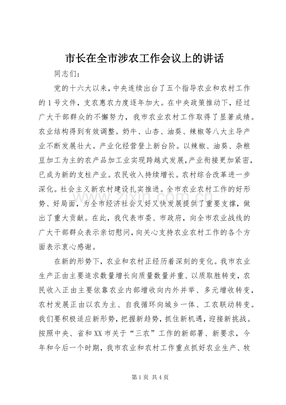 市长在全市涉农工作会议上的讲话发言.docx_第1页