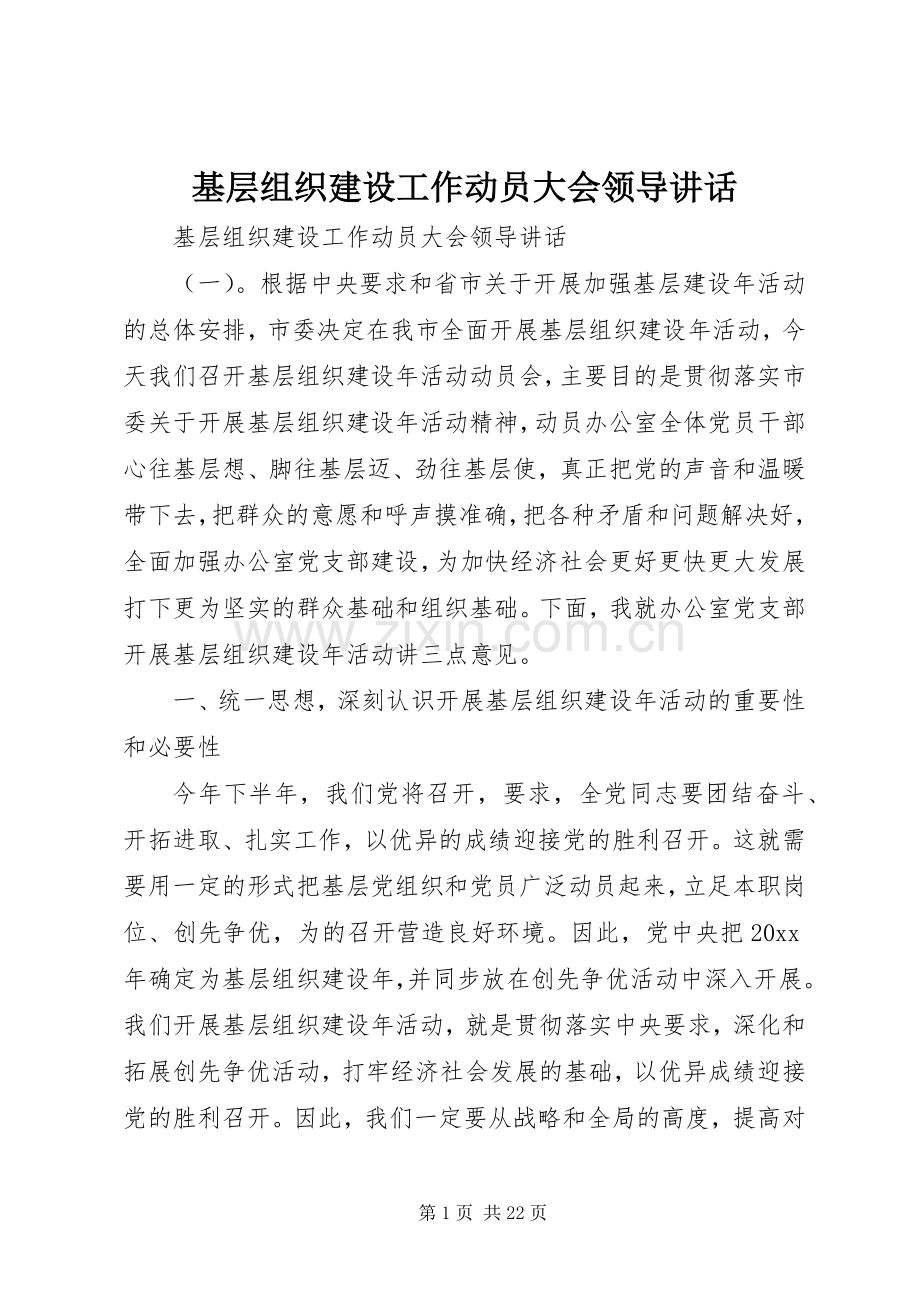 基层组织建设工作动员大会领导讲话发言.docx_第1页