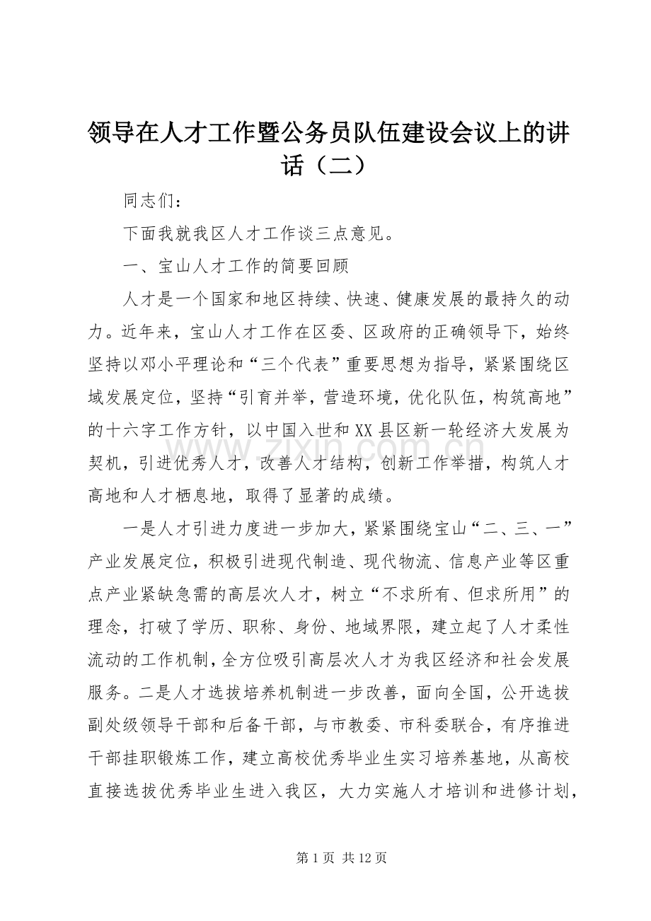 领导在人才工作暨公务员队伍建设会议上的讲话发言（二）.docx_第1页