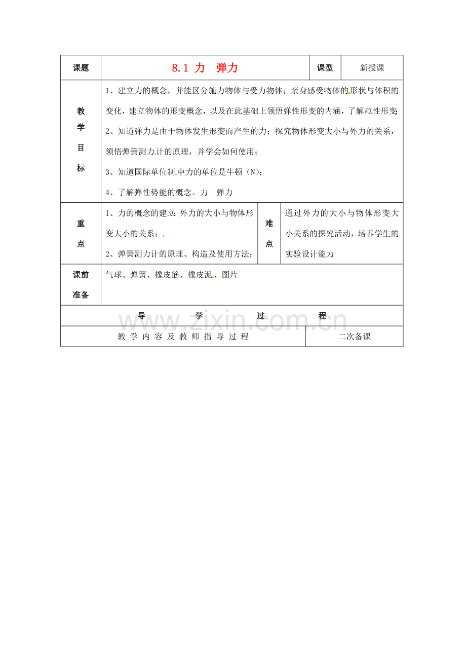 八年级物理下册 第8章 第1节《力 弹力》教案 苏科版-苏科版初中八年级下册物理教案.doc_第1页