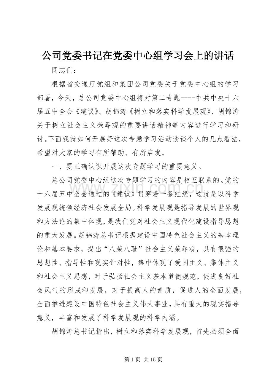 公司党委书记在党委中心组学习会上的讲话发言.docx_第1页