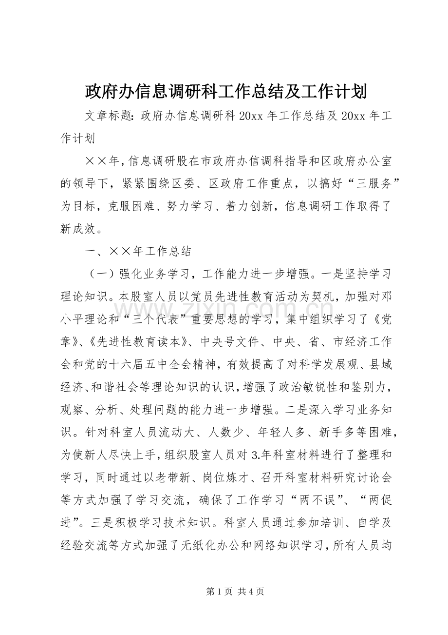 政府办信息调研科工作总结及工作计划.docx_第1页