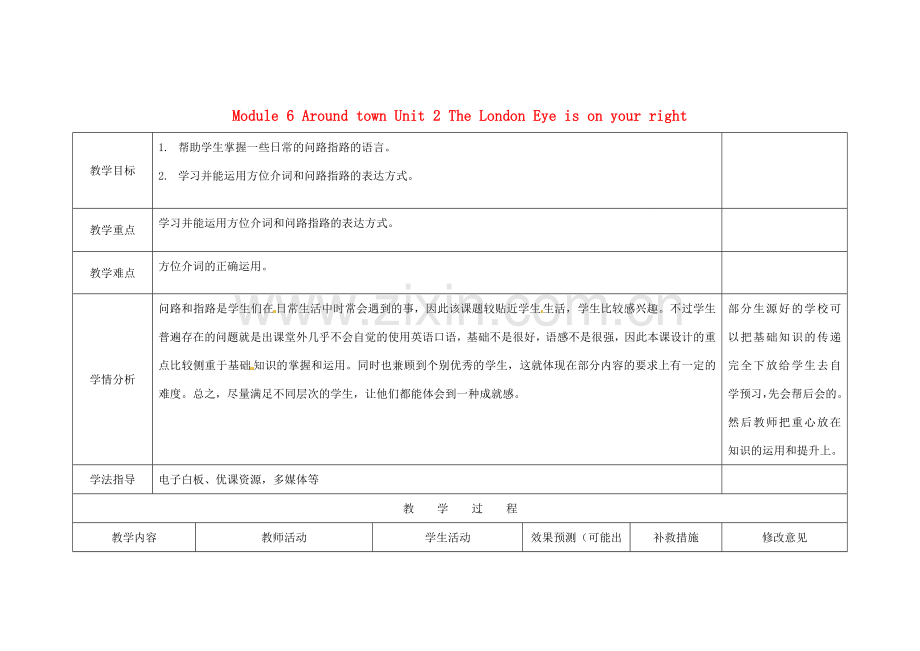 四川省华蓥市明月镇七年级英语下册 Module 6 Around town Unit 2 The London Eye is on your right教案1 （新版）外研版.doc_第1页