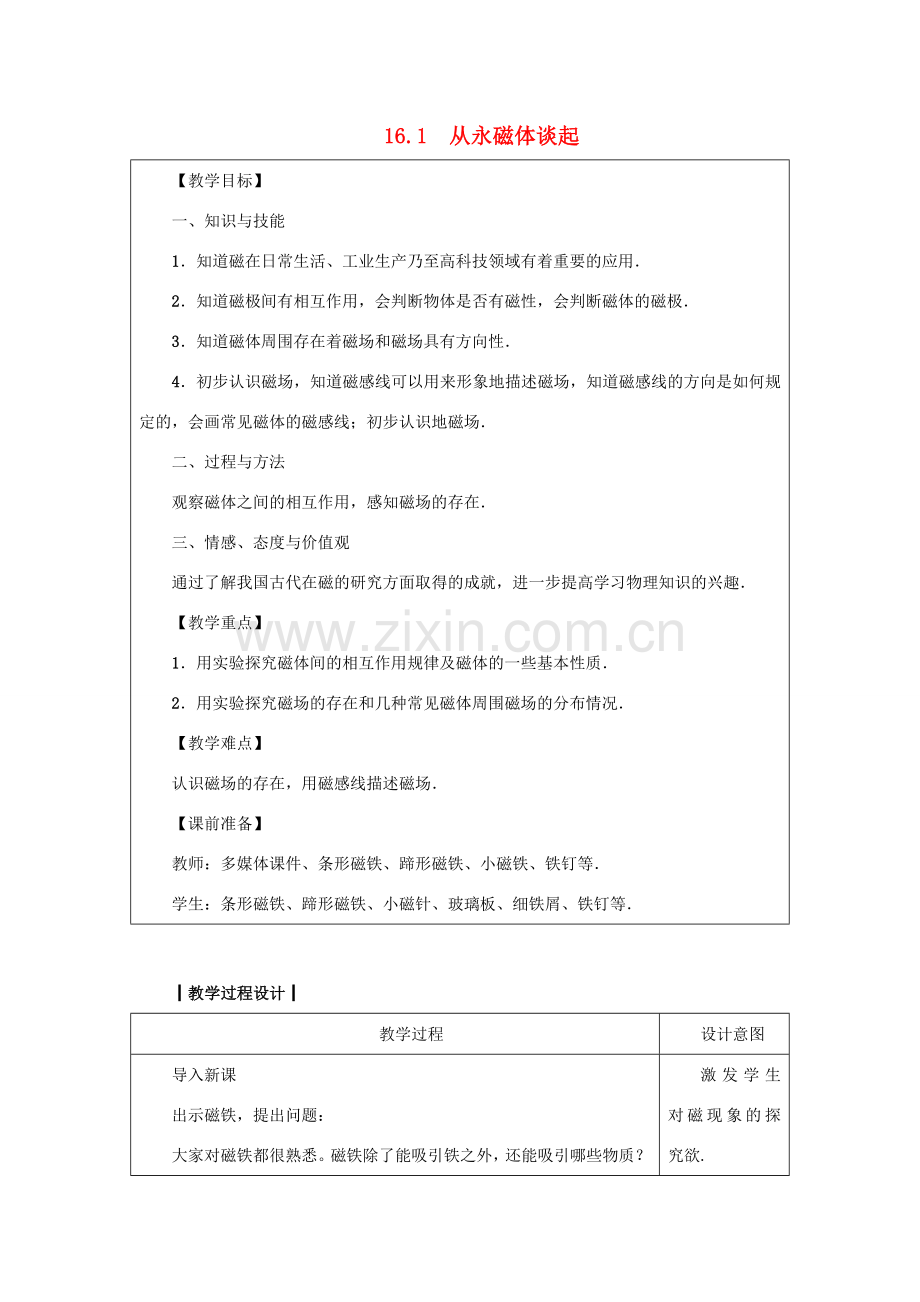 九年级物理下册 第十六章 电磁铁与自动控制 16.1 从永磁体谈起教案 （新版）粤教沪版-（新版）粤教沪版初中九年级下册物理教案.docx_第1页