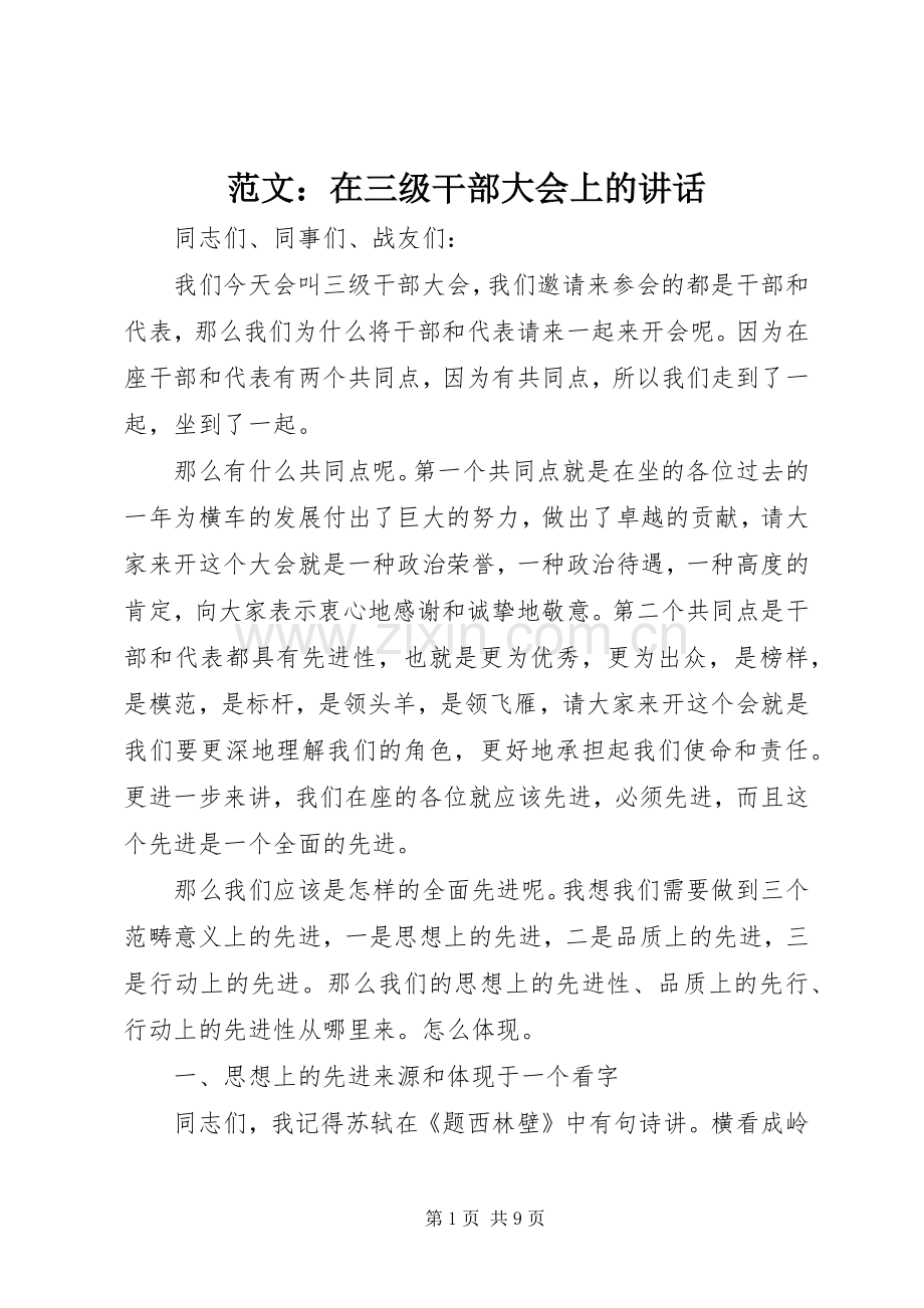 范文：在三级干部大会上的讲话发言.docx_第1页