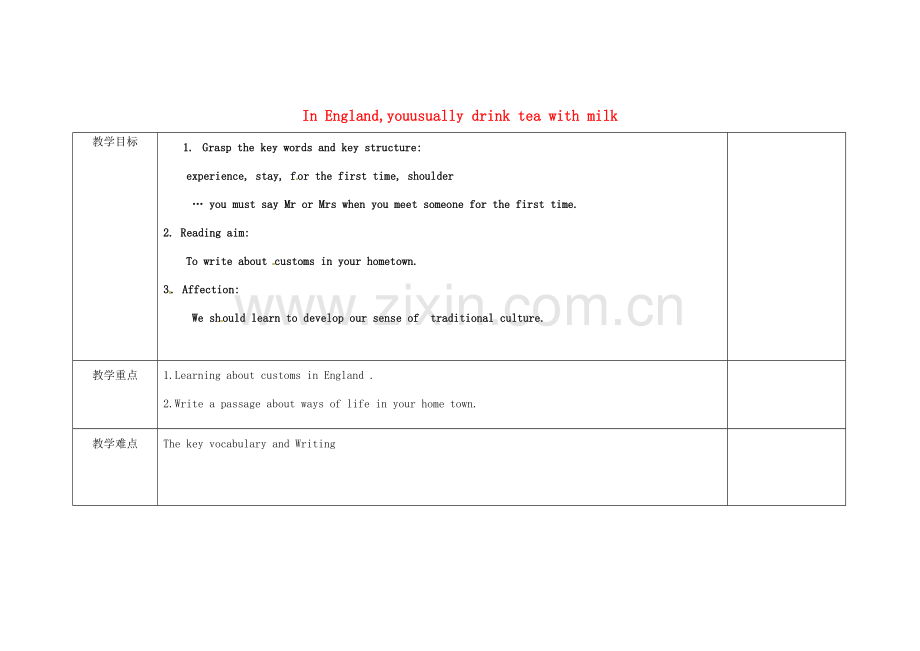 小学八年级英语上册 Module 11 Unit 2 In England,you usually drink tea with milk教案 （新版）外研版-（新版）外研版初中八年级上册英语教案.doc_第1页