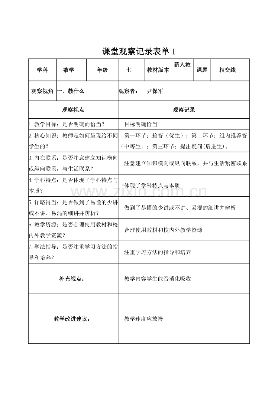 尹保军课堂观察记录表单.doc_第1页