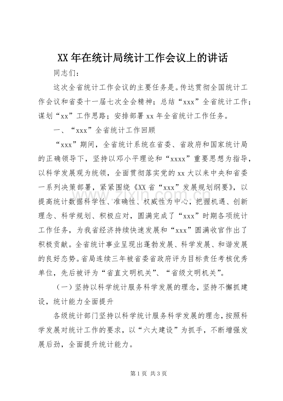 XX年在统计局统计工作会议上的讲话发言.docx_第1页