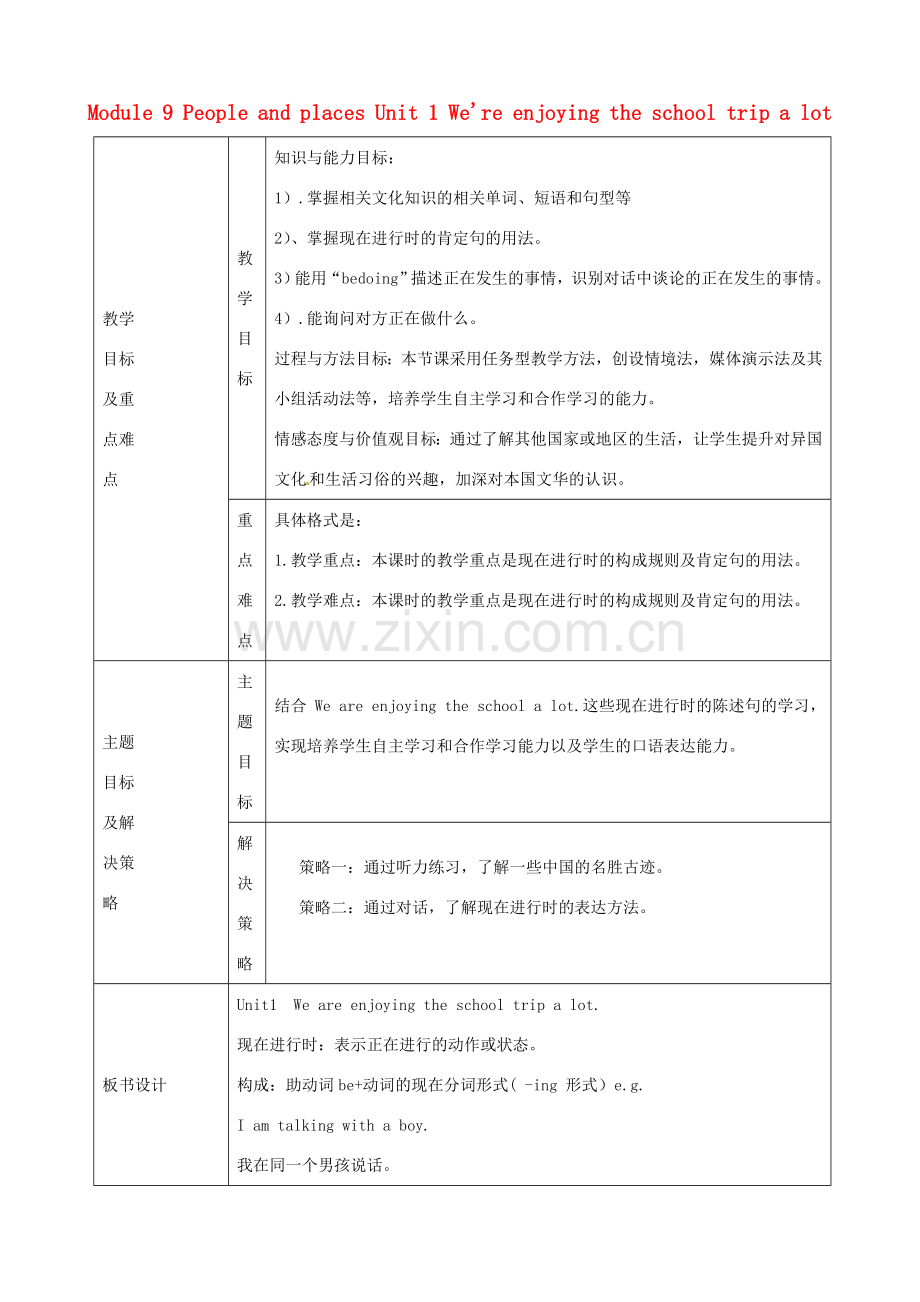 山东省安丘市东埠中学七年级英语上册 Module 9 People and places Unit 1 We're enjoying the school trip a lot教案 （新版）外研版.doc_第1页