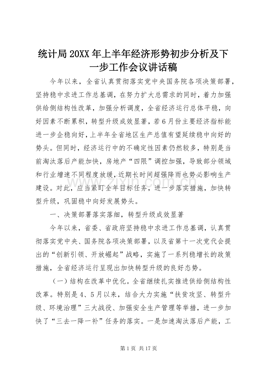 统计局20XX年上半年经济形势初步分析及下一步工作会议的讲话发言稿.docx_第1页