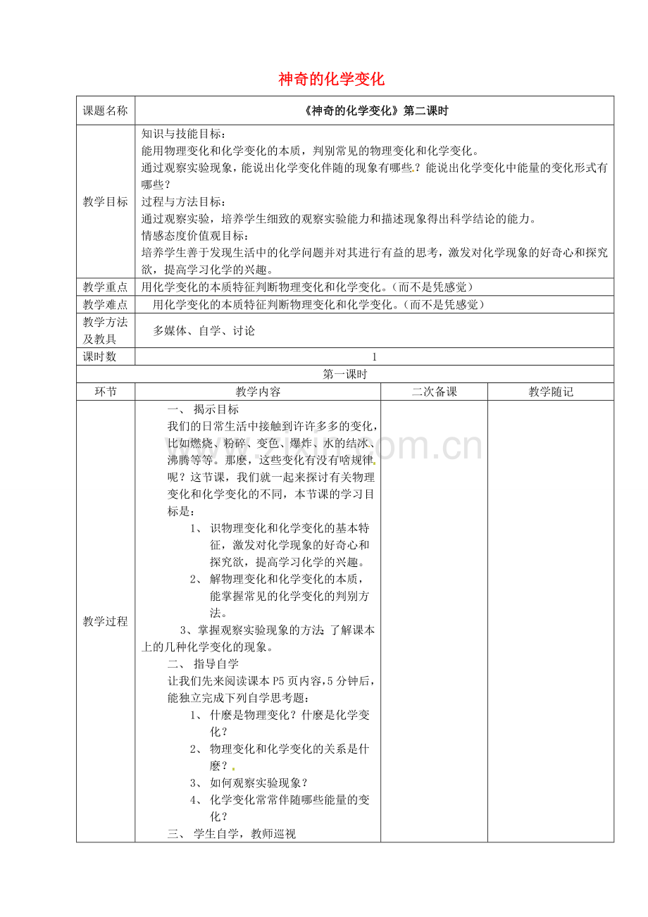 山东省临淄外国语实验学校八年级化学全册《神奇的化学变化（第2课时）》教案 鲁教版五四制.doc_第1页