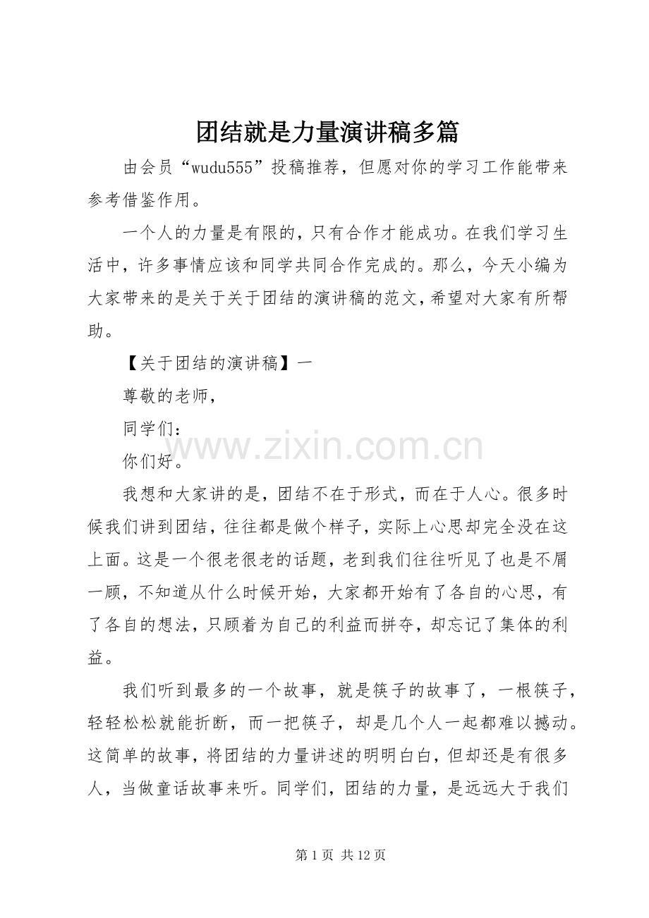 团结就是力量演讲稿范文多篇.docx_第1页