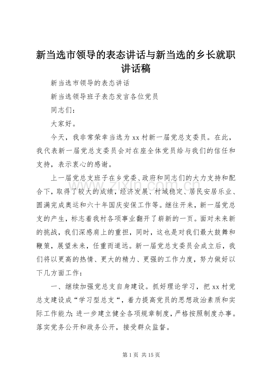 新当选市领导的表态讲话与新当选的乡长就职讲话发言稿.docx_第1页