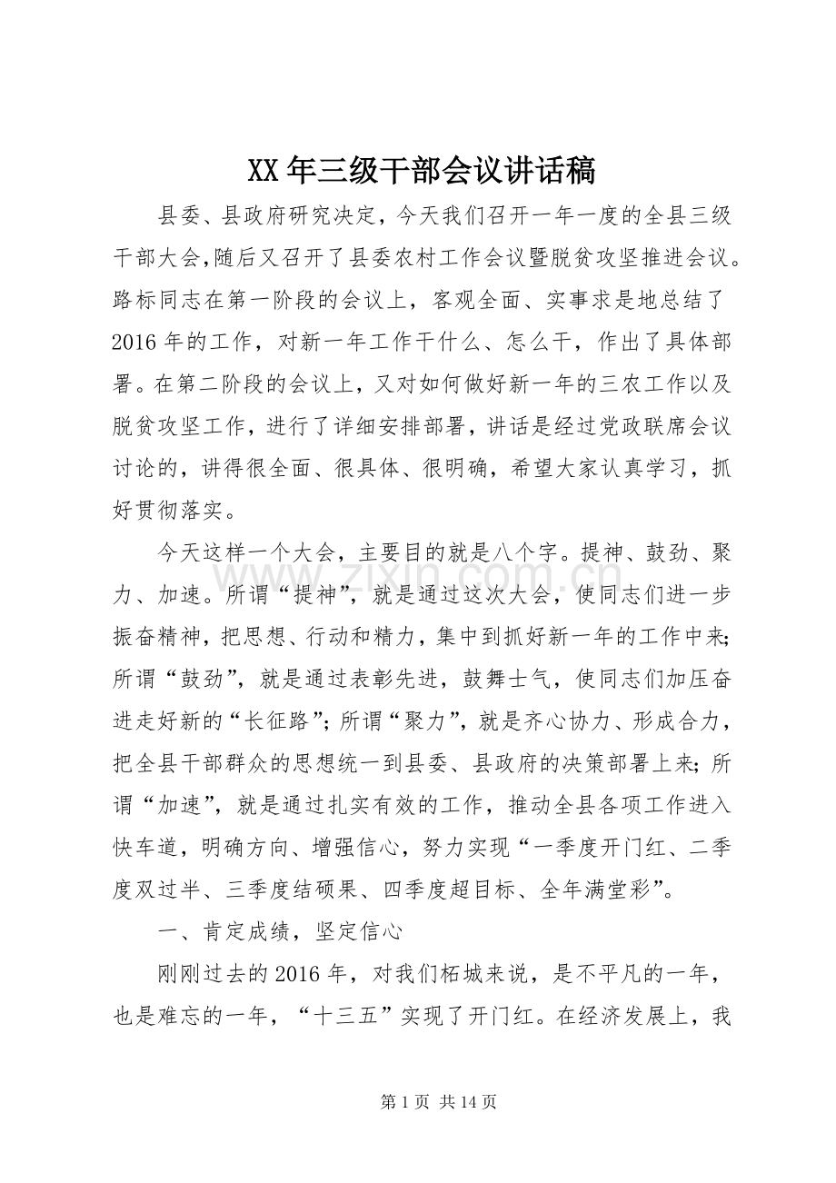 XX年三级干部会议讲话发言稿.docx_第1页