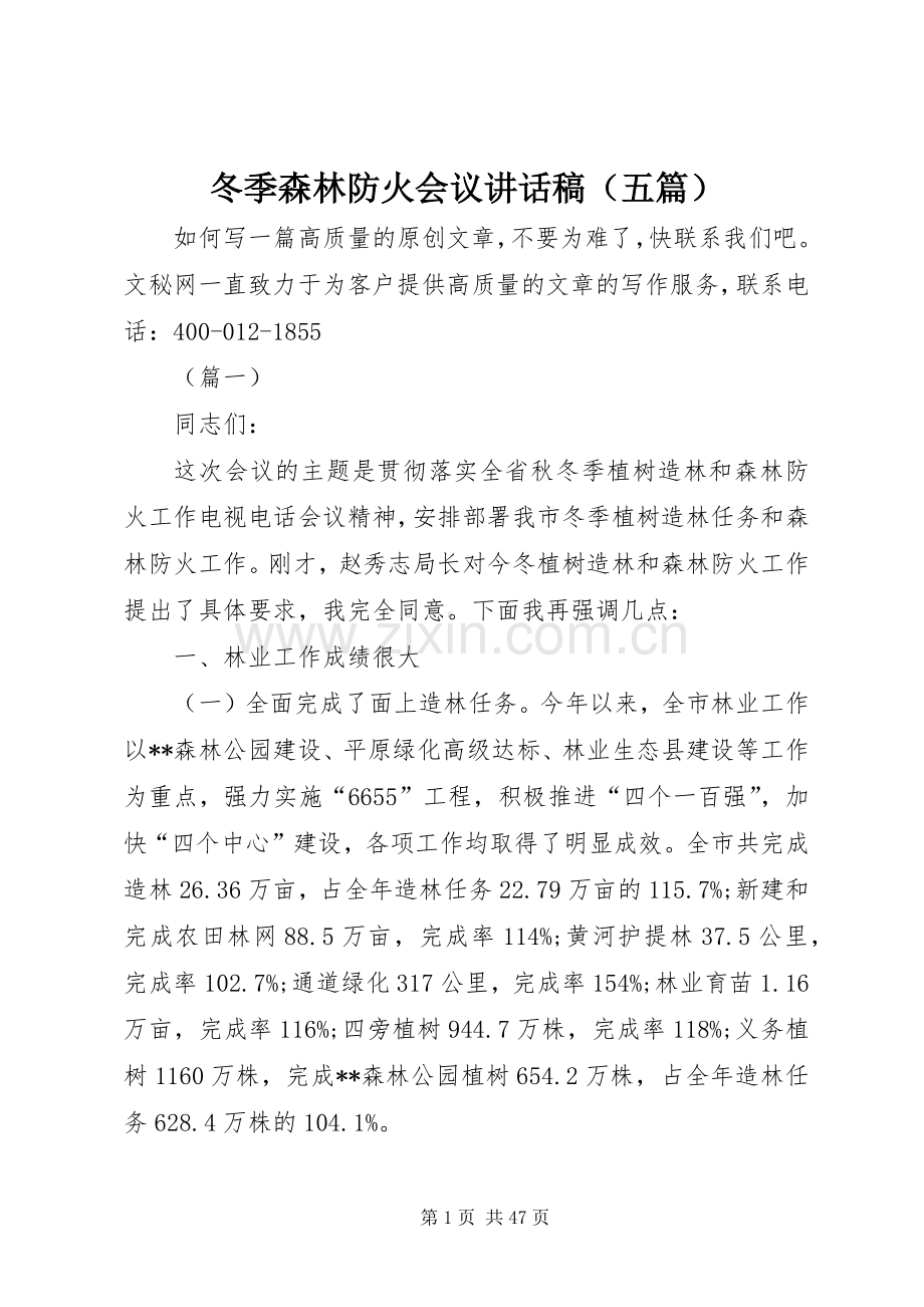 冬季森林防火会议讲话发言稿（五篇）.docx_第1页