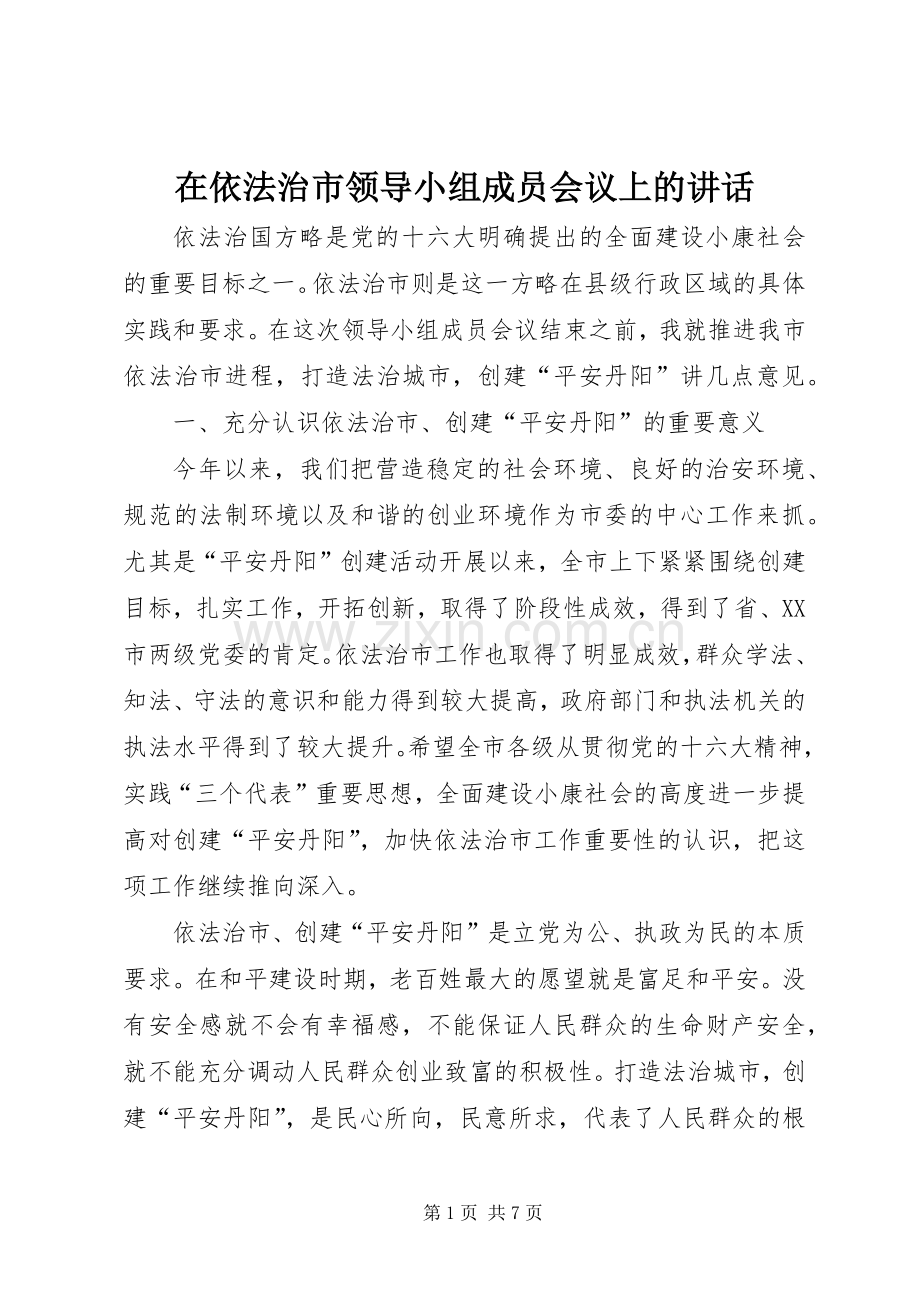 在依法治市领导小组成员会议上的讲话发言.docx_第1页