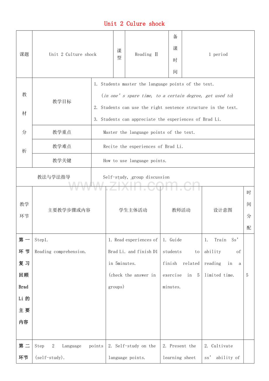 九年级英语下册 Module 1 Explorations and exchanges Unit 2 Culture shock教案3 牛津深圳版-牛津深圳版初中九年级下册英语教案.doc_第1页