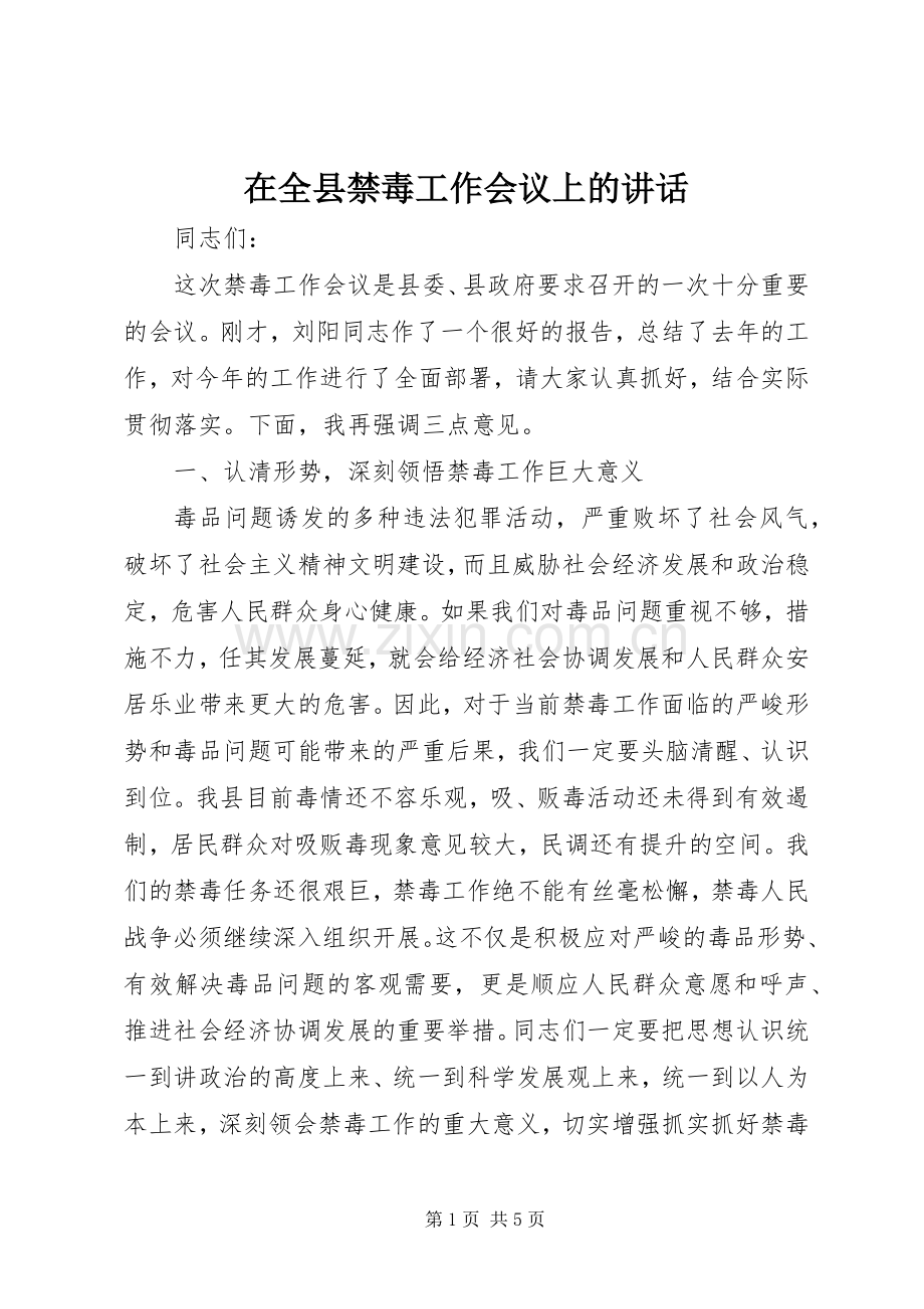 在全县禁毒工作会议上的讲话发言.docx_第1页