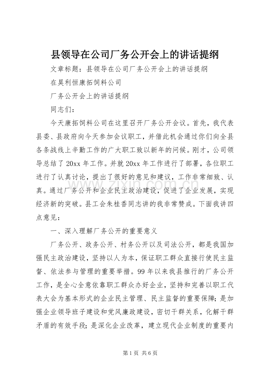 县领导在公司厂务公开会上的讲话发言提纲.docx_第1页