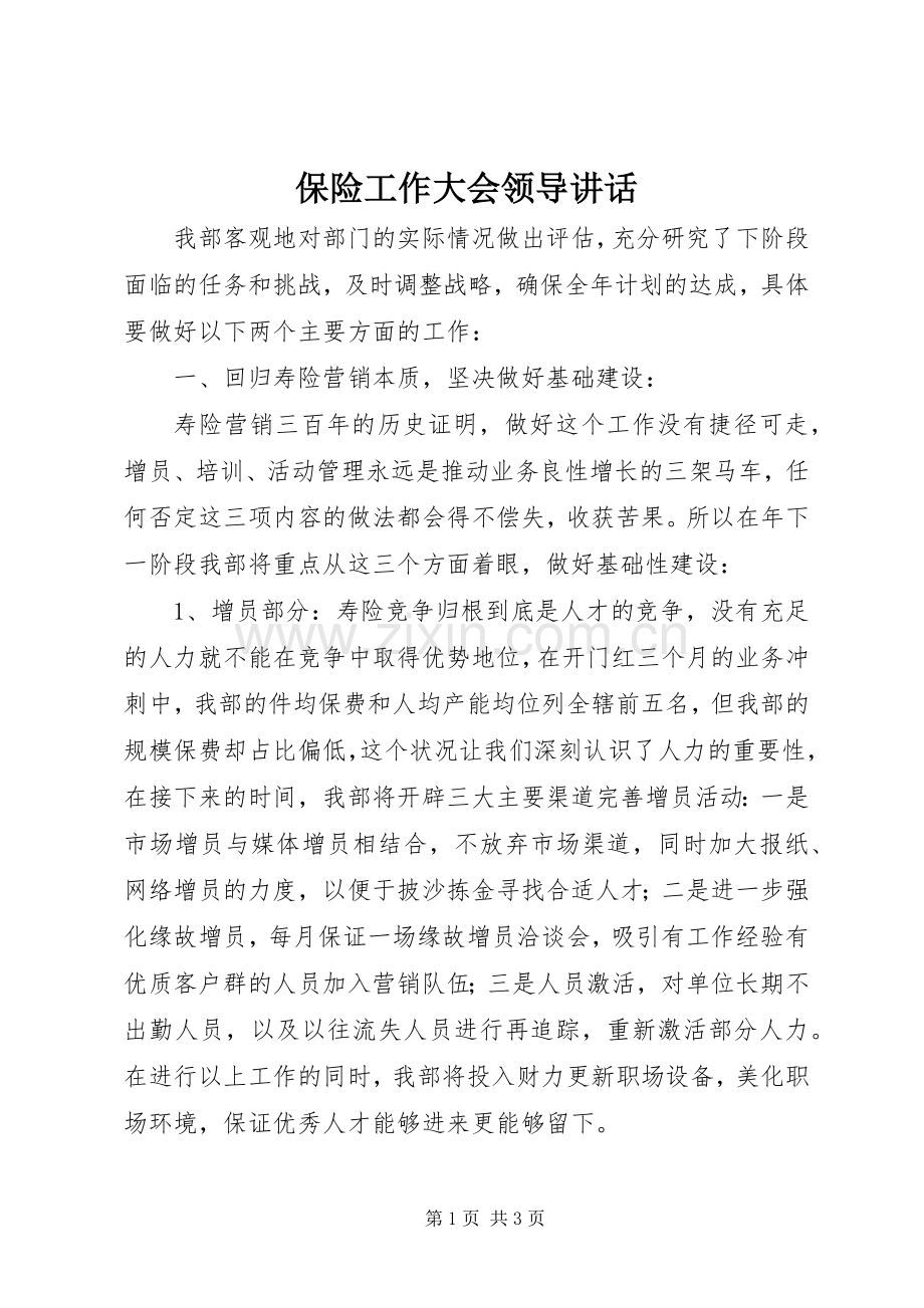 保险工作大会领导讲话发言.docx_第1页