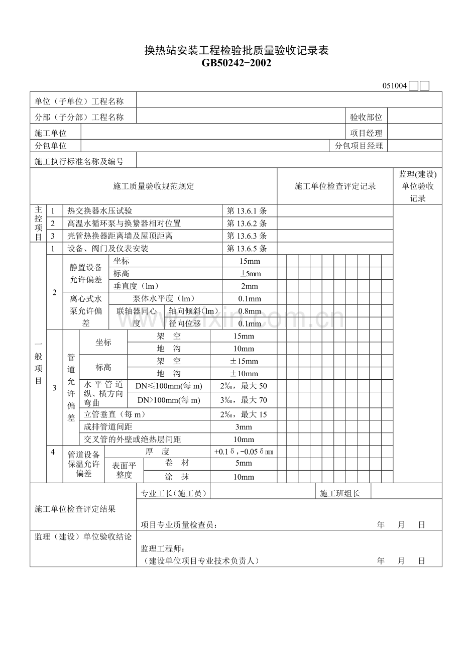 换热站安装工程检验批质量验收记录表.docx_第1页