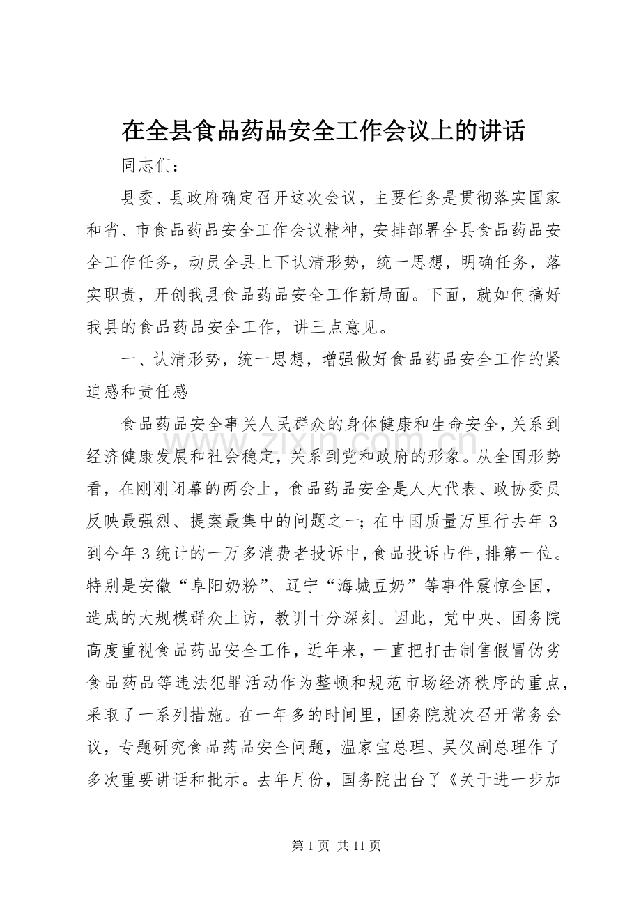 在全县食品药品安全工作会议上的讲话发言.docx_第1页