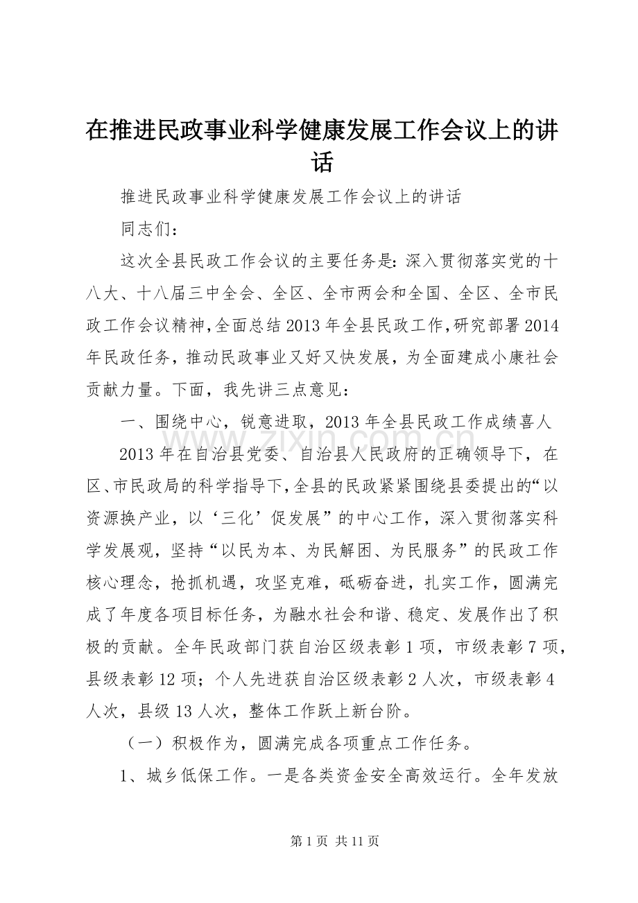 在推进民政事业科学健康发展工作会议上的讲话发言.docx_第1页