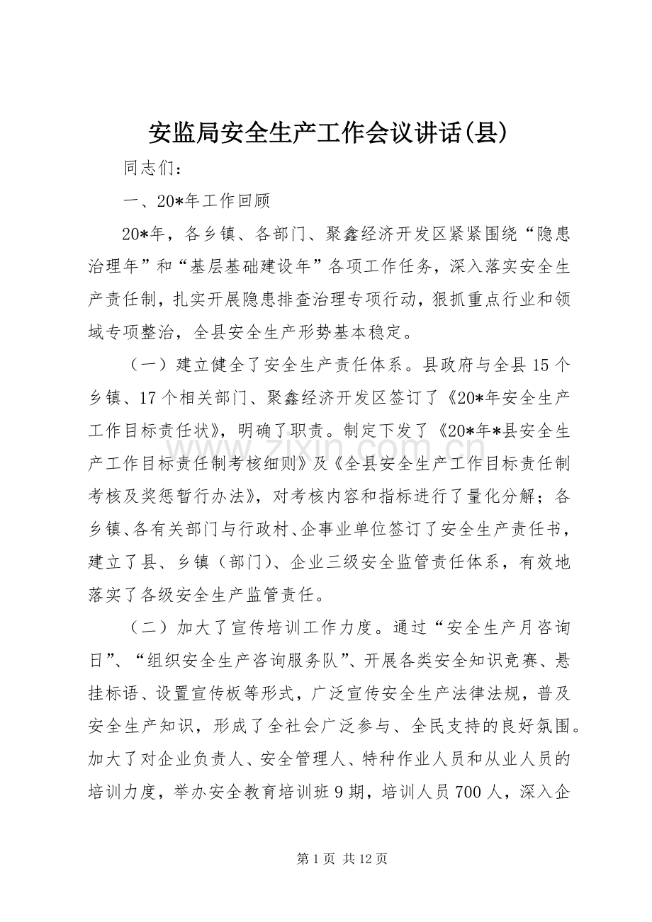 安监局安全生产工作会议讲话发言(县).docx_第1页