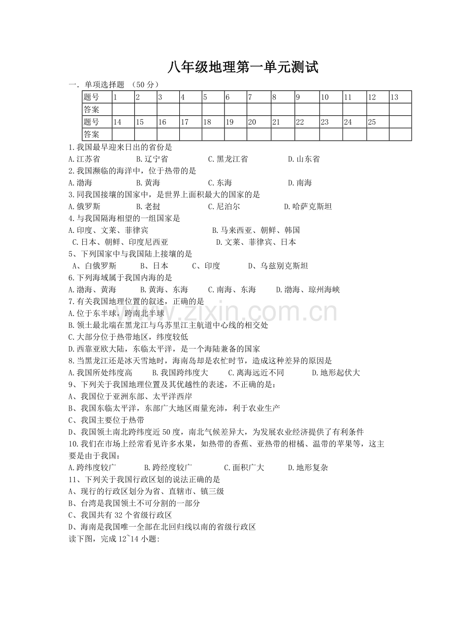 八年级地理第一单元测试.doc_第1页