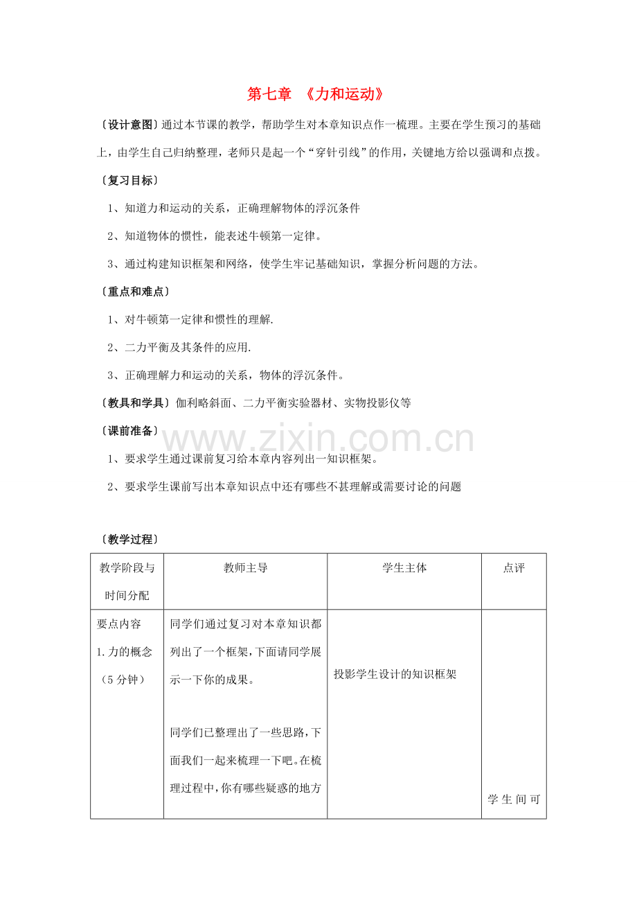 八年级物理下册：第七章运动和力复习教案（北师大版）.doc_第1页