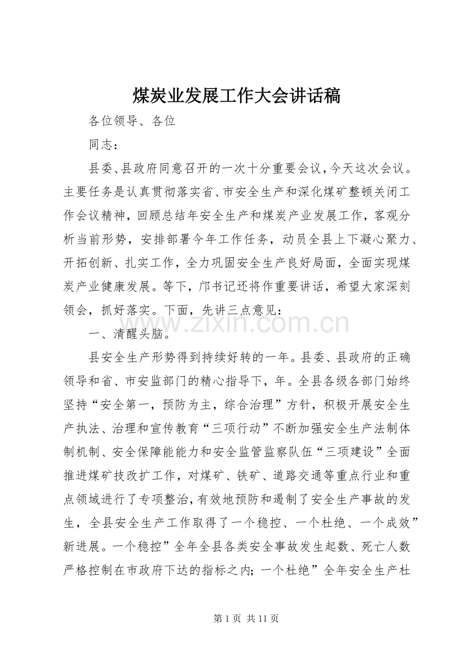 煤炭业发展工作大会讲话发言稿.docx_第1页