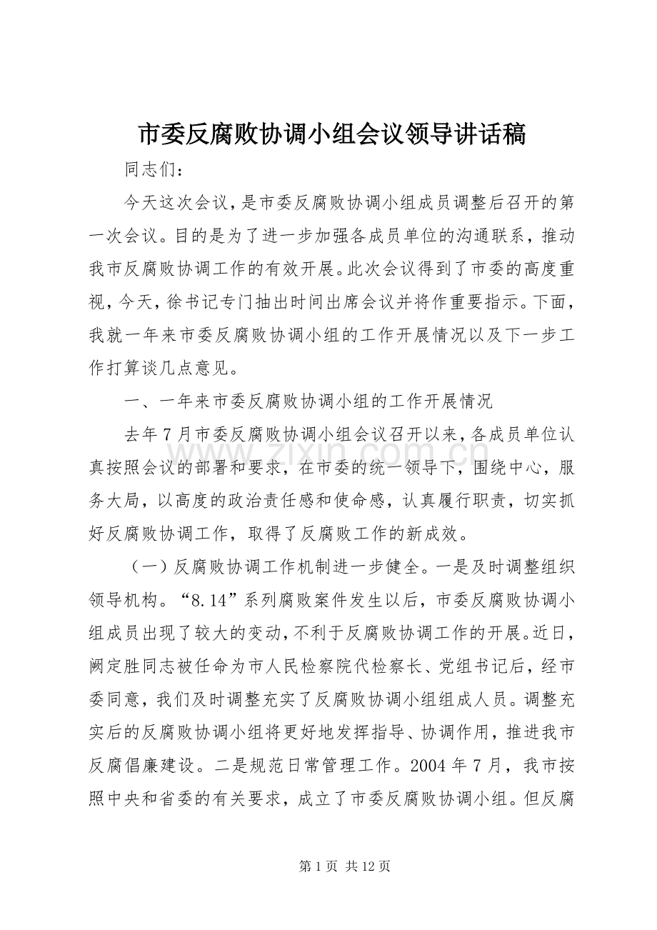 市委反腐败协调小组会议领导讲话发言稿.docx_第1页