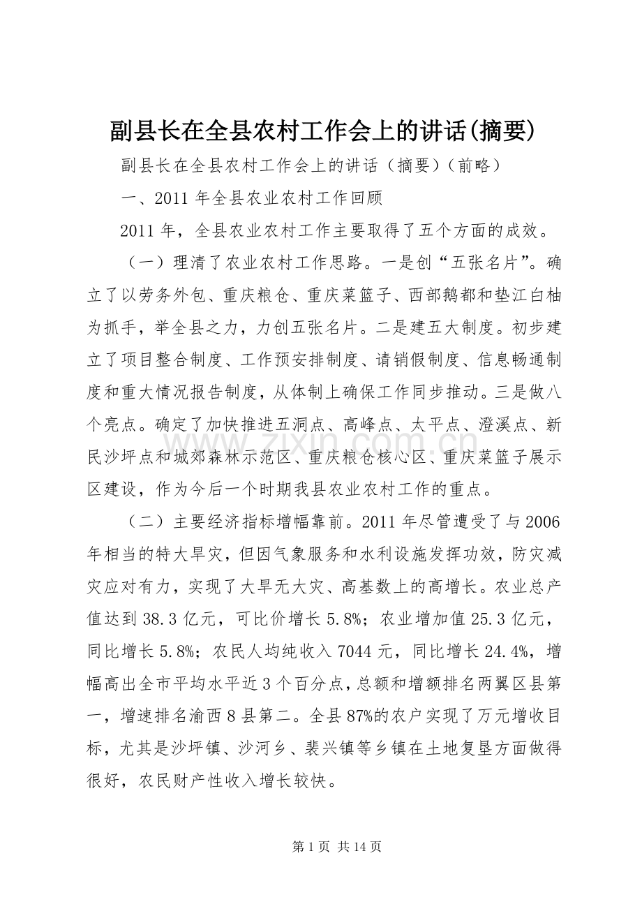 副县长在全县农村工作会上的讲话发言(摘要).docx_第1页