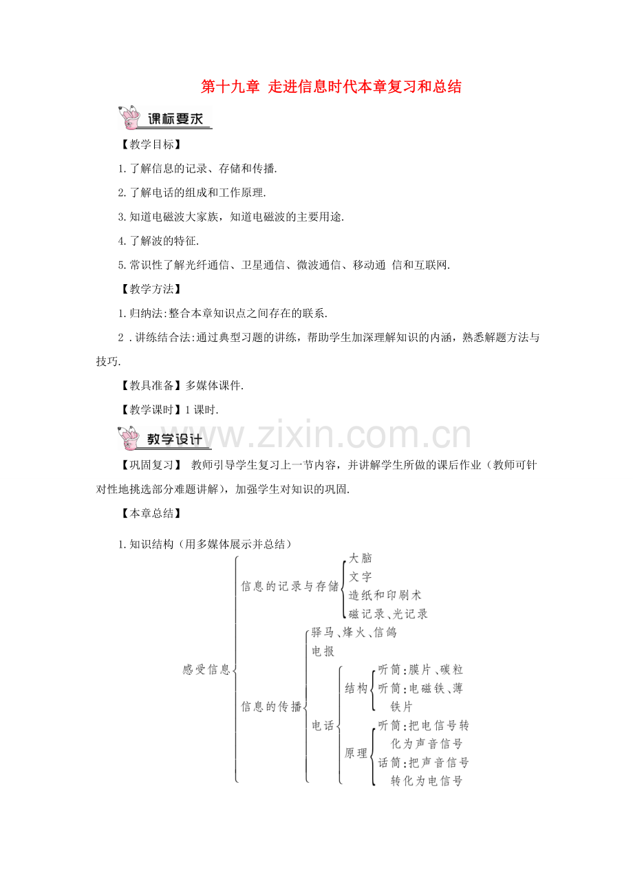 九年级物理全册 第十九章 走进信息时代本章复习和总结教案 （新版）沪科版-（新版）沪科版初中九年级全册物理教案.doc_第1页