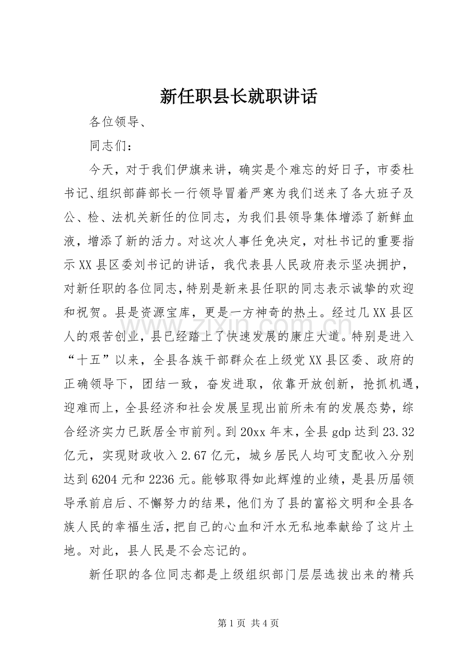 新任职县长就职讲话发言.docx_第1页