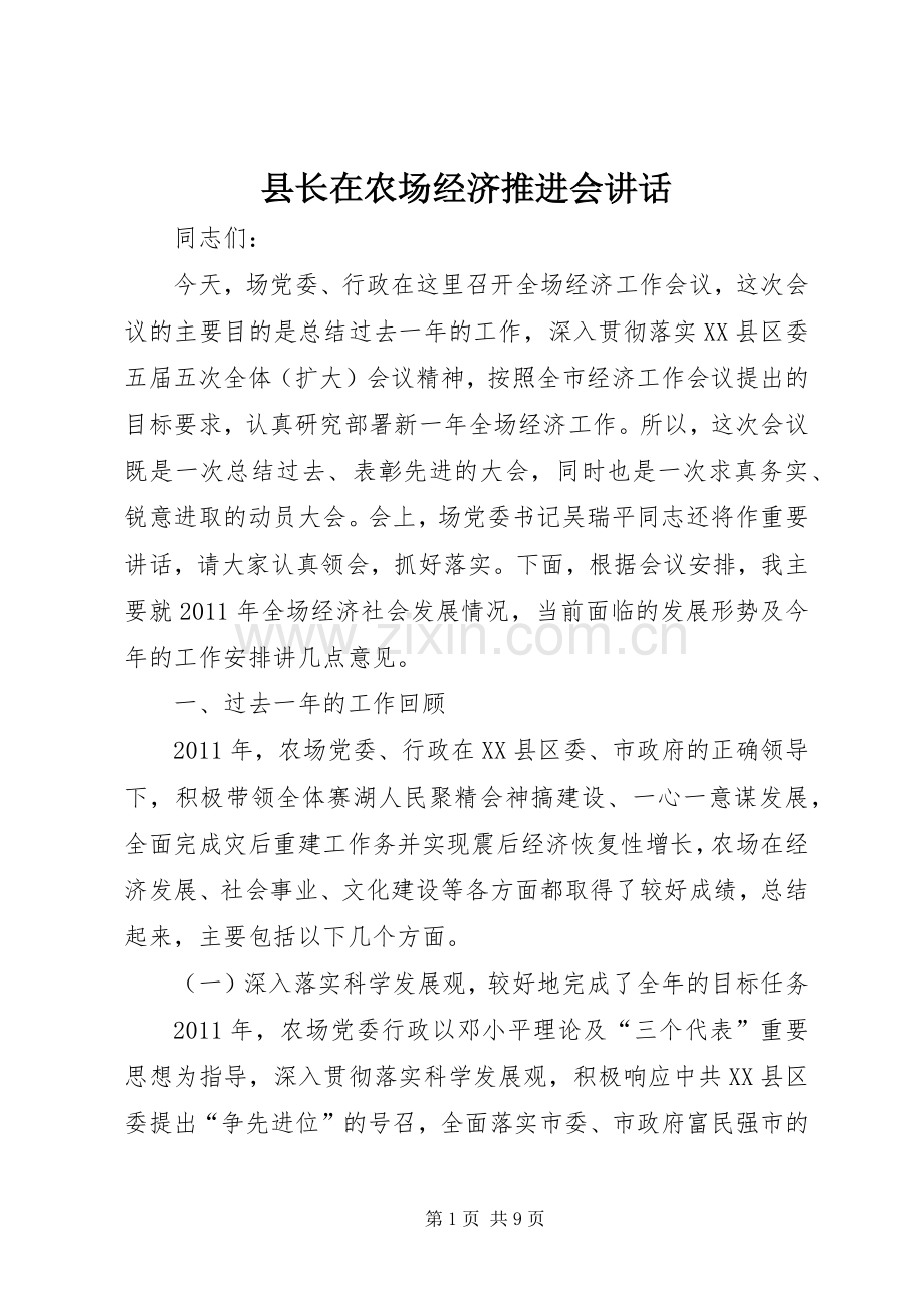 县长在农场经济推进会讲话发言.docx_第1页