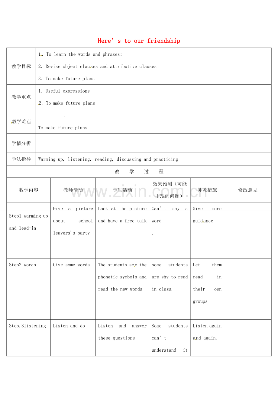 四川省华蓥市九年级英语下册《Module 8 Unit 1 Here’s to our friendship and the future》教案 （新版）外研版-（新版）外研版初中九年级下册英语教案.doc_第1页