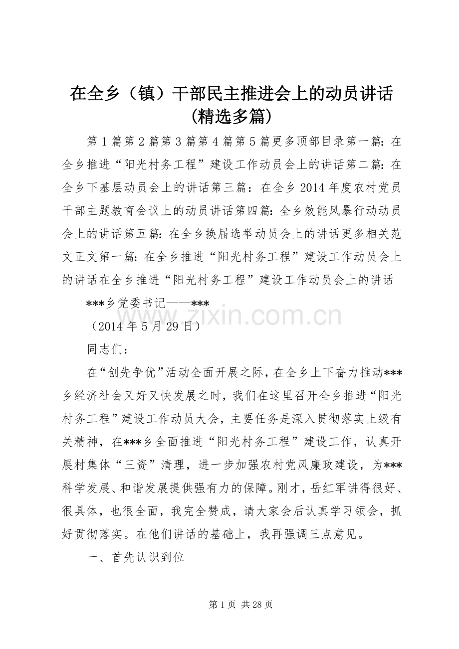 在全乡（镇）干部民主推进会上的动员讲话发言(多篇)_1.docx_第1页