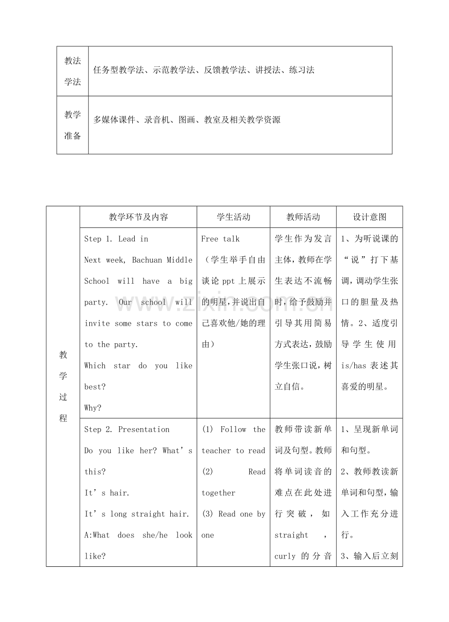 七年级英语下册 Unit 9 What does he look like Section A（1a-1c）教学设计 （新版）人教新目标版-（新版）人教新目标版初中七年级下册英语教案.doc_第2页