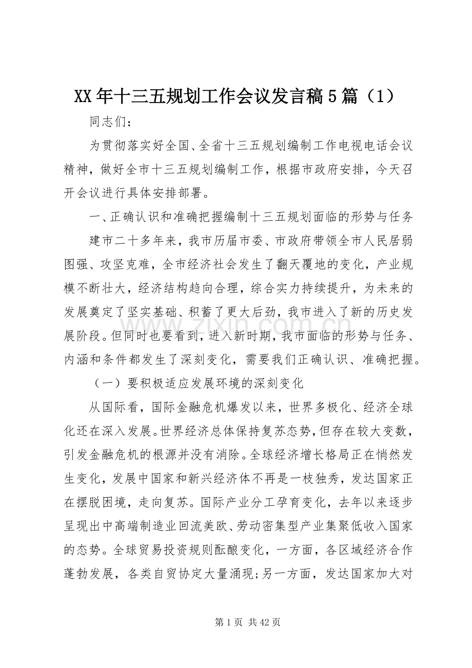 XX年十三五规划工作会议发言稿5篇（1）.docx_第1页