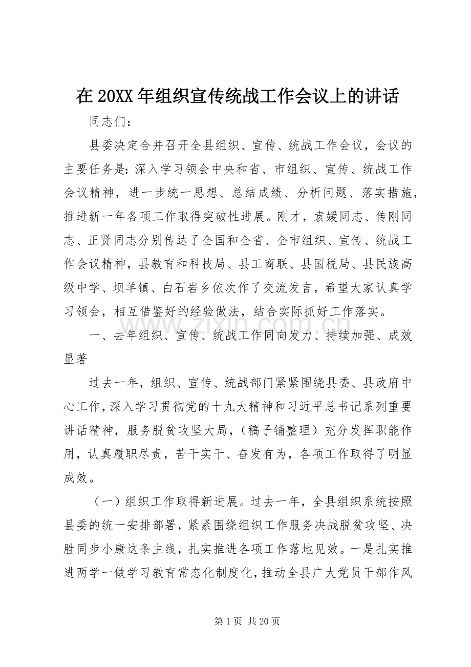 在20XX年组织宣传统战工作会议上的讲话发言.docx_第1页