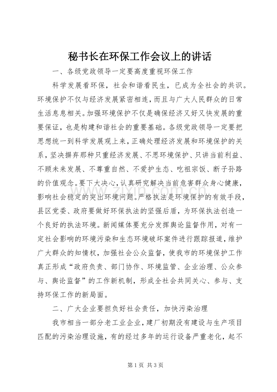 秘书长在环保工作会议上的讲话发言.docx_第1页