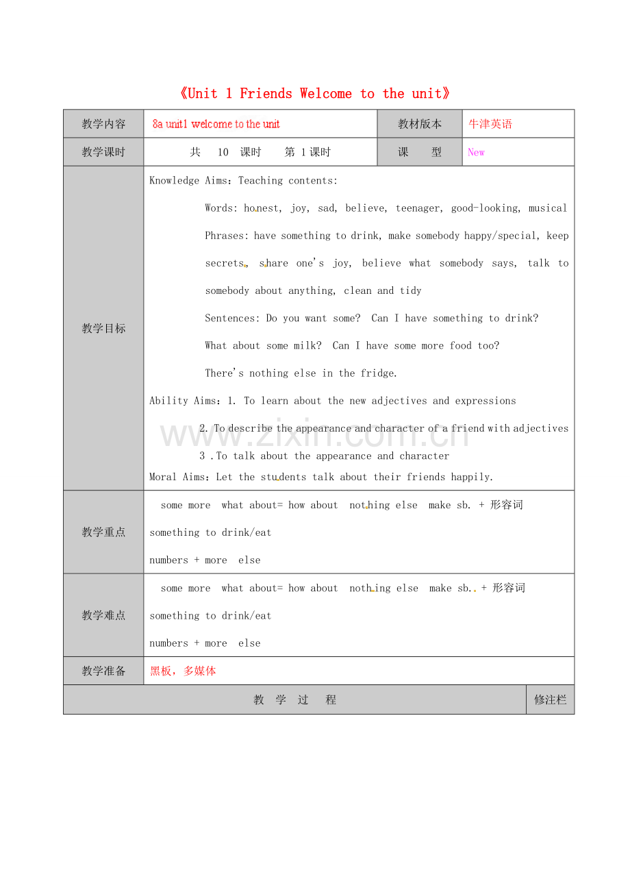 江苏省徐州市黄山外国语学校八年级英语上册《Unit 1 Friends Welcome to the unit》教学案 牛津版.doc_第1页