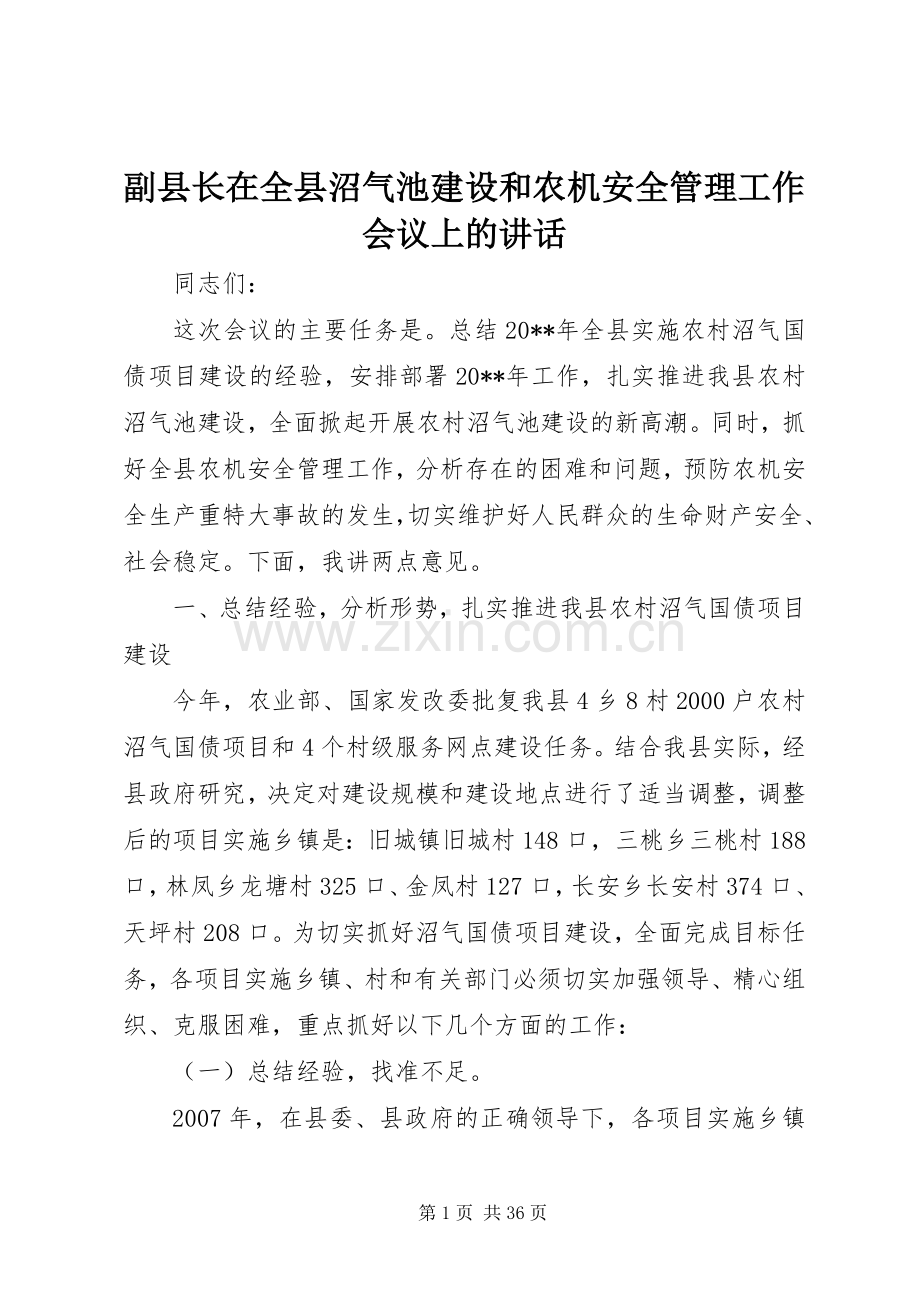 副县长在全县沼气池建设和农机安全管理工作会议上的讲话发言.docx_第1页