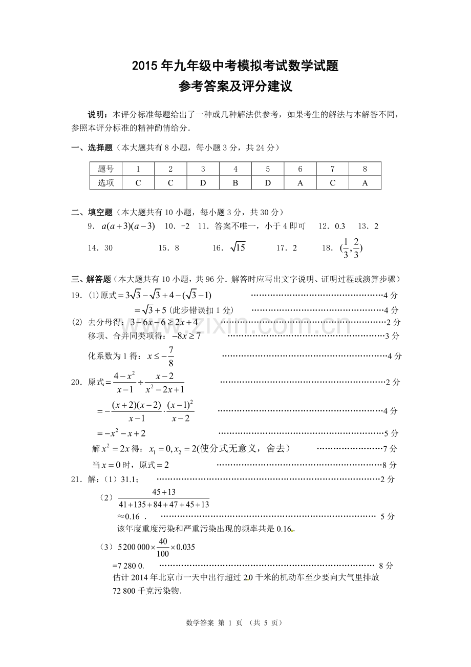 2015年九年级中考模拟考试数学试题参考答案及评分建议.doc_第1页