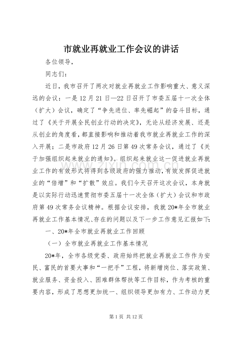 市就业再就业工作会议的讲话发言.docx_第1页