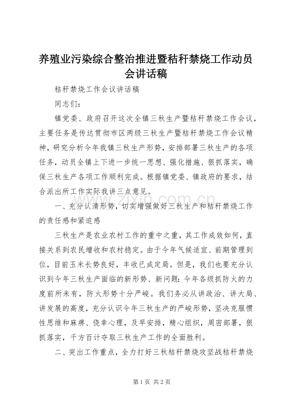 养殖业污染综合整治推进暨秸秆禁烧工作动员会的讲话发言稿.docx_第1页