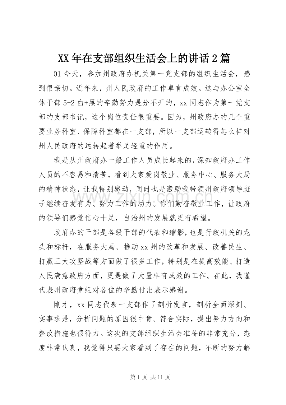 XX年在支部组织生活会上的讲话发言2篇.docx_第1页