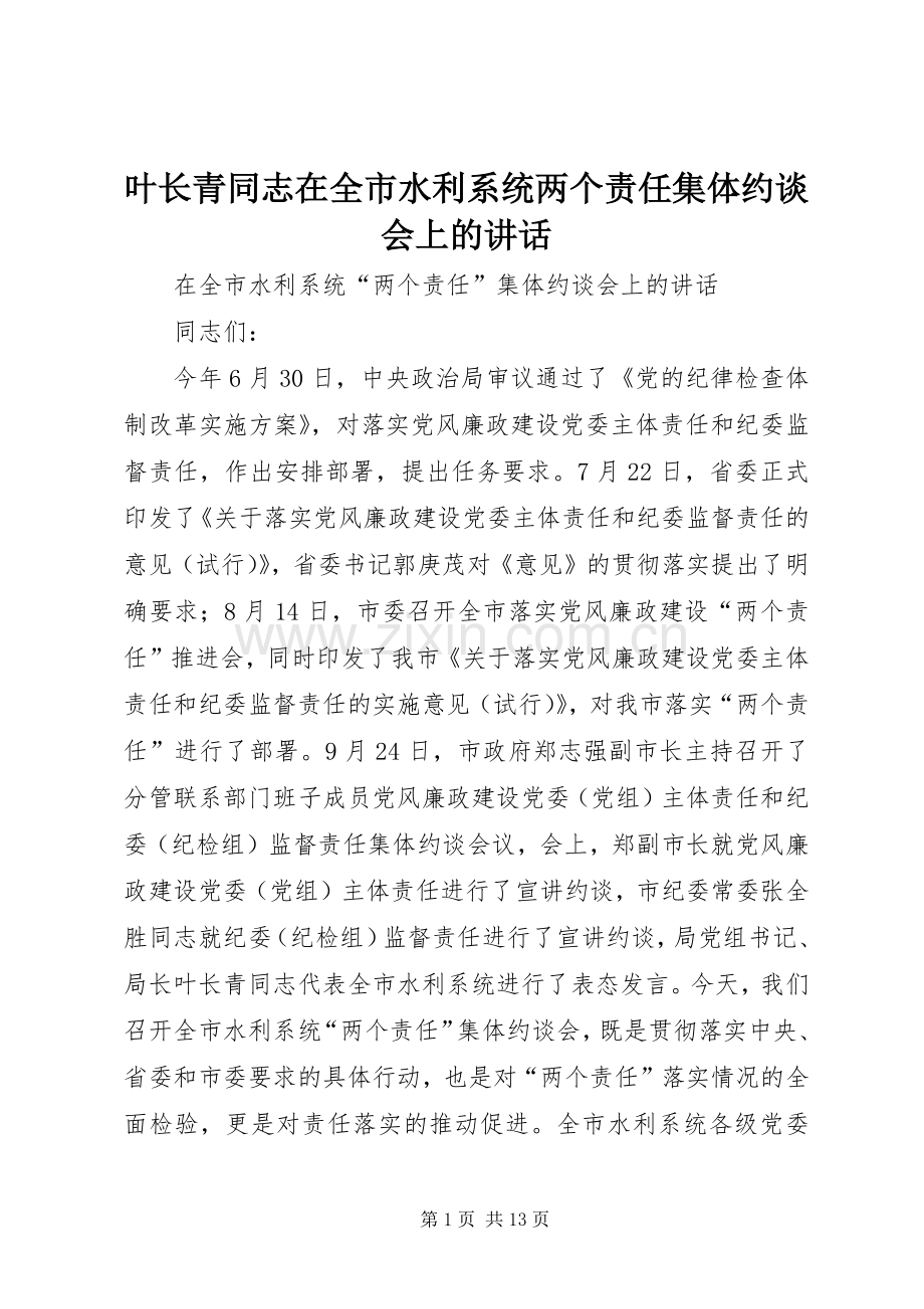 叶长青同志在全市水利系统两个责任集体约谈会上的讲话发言.docx_第1页